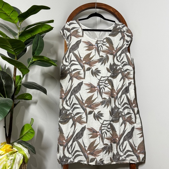 Lungo L'arno 1X 100% Linen Palm Print Lagenlook Shift Dress - Picture 1 of 9